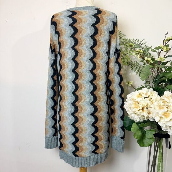 Show Me Your Mumu Retro Wave Oversized Knit Sweater Blue Tan Black | Medium - Picture 8 of 13